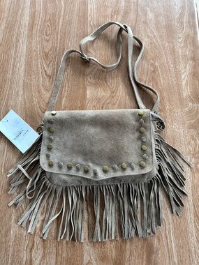 Fringed Suede Crossbody Bag in Taupe with Stud Detail